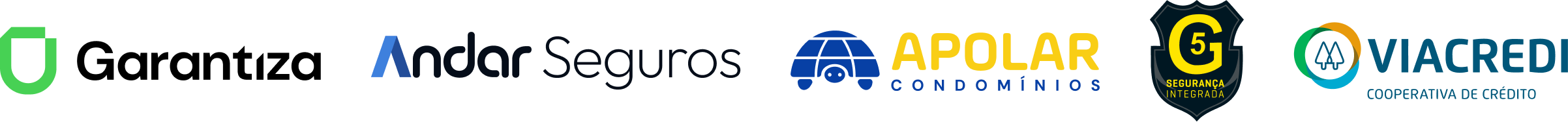 Logos da Garantiza, Andar Seguros, Apolar Condomínios, G5 Segurança Integrada e Viacredi